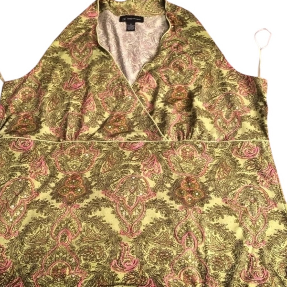 INC International Concepts 1X Green paisley print sleeveless faux wrap top
